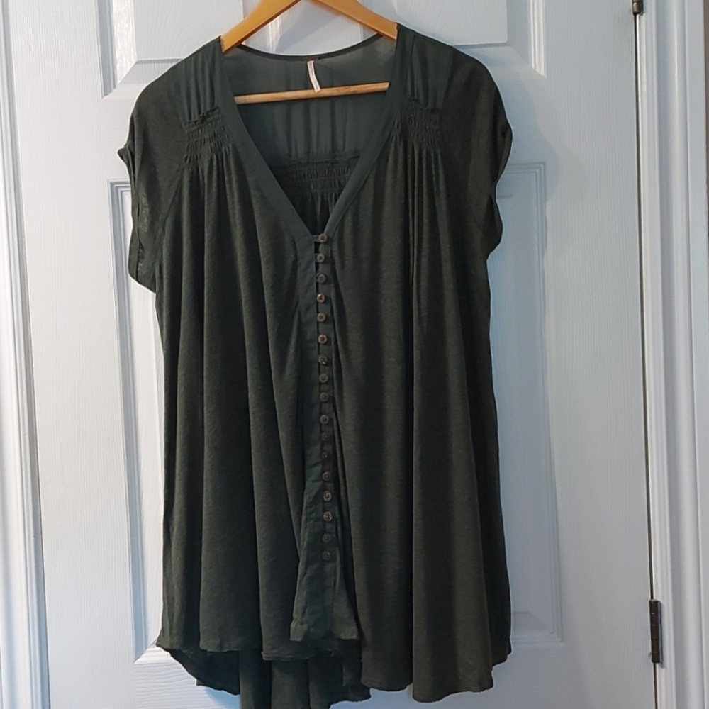Free People Flowy Button Front Short Sleeve Top